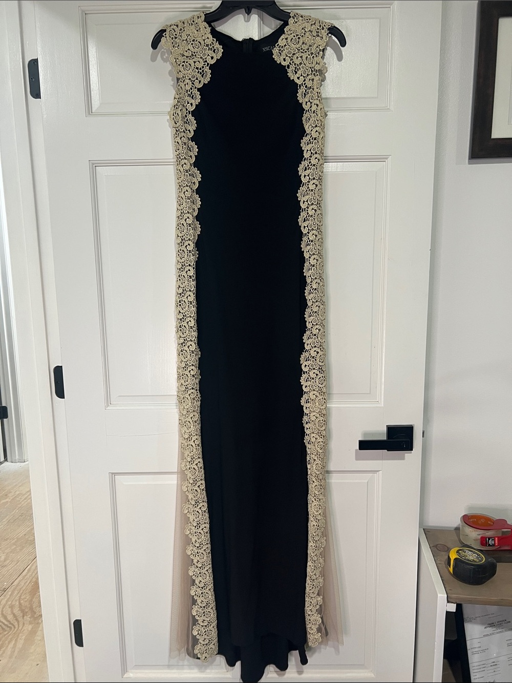 Xscape Black Gown with Cream Lace Accents